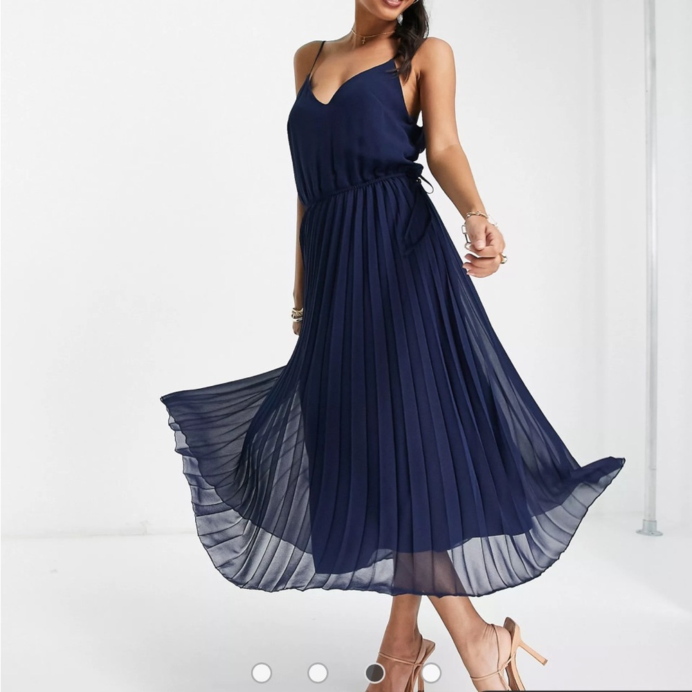 Blue Midi with Pleated Design and Spaghetti Straps